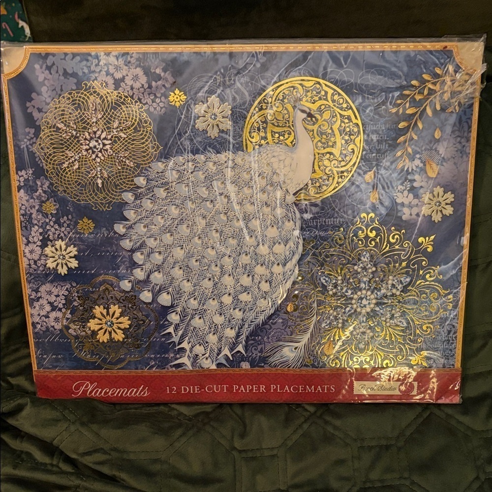 Punch Studio 12 Die- Cut Blue and Gold Peacock Paper Placemats . NWT